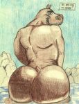  beard brown_skin butt common_hippopotamus crazy_company dialogue dreamworks facial_hair grin hippopotamid looking_back madagascar male mammal moto_moto musclechub nude partially_submerged pose simple_background smile solo water 
