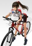  bad_id bad_pixiv_id bicycle bottle breasts brown_hair fingerless_gloves gloves goma_(goma228) green_eyes ground_vehicle gym_shorts hair_ribbon highres large_breasts long_hair original ponytail ribbon shoes short_sleeves shorts smile socks solo sweat water_bottle wet 