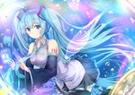  absurdres aqua_eyes aqua_hair boots bubble detached_sleeves echj hatsune_miku highres leaning_forward long_hair necktie skirt smile solo thigh_boots thighhighs twintails very_long_hair vocaloid 