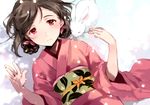  blush brown_hair bunny hair_ribbon japanese_clothes kimono long_sleeves looking_at_viewer lying obi on_back original red_eyes ribbon sash smile snow snowing solo tan_(tangent) 