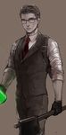  axe glasses jar joseph_oda male_focus mugikoma necktie solo spot_color the_evil_within vest waistcoat weapon 
