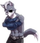  2011 abs avoid_posting belt clothing eye_patch eyewear fur grey_fur grin male mohawk muscular muscular_male myuinhiding nintendo pants purple_eyes simple_background smile solo star_fox undressing video_games white_background white_fur wolf_o&rsquo;donnell 