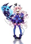  1girl 2014 absurdres athria bad_id bad_pixiv_id blue_eyes blue_legwear blue_skirt blue_sleeves bow claws crown dated demon_power_(elsword) detached_sleeves elsword full_body hand_on_hip highres long_hair luciela_r._sourcream mini_crown pointy_ears ribbon shoes signature skirt smile solo standing symbol-shaped_pupils tail thighhighs white_background white_hair zettai_ryouiki 