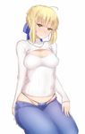  ahoge alternate_costume artoria_pendragon_(all) bad_id bad_twitter_id bikini_jeans blush breasts cleavage_cutout denim fate/stay_night fate_(series) full-face_blush green_eyes highres jeans jewelry lowleg lowleg_pants medium_breasts meme_attire necklace open-chest_sweater pants ribbed_sweater saber short_hair sidelocks simple_background solo sweater thong turtleneck white_background yaman 