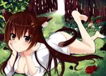  animal_ears barefoot breasts brown_eyes brown_hair cleavage feet highres large_breasts leg_up long_hair looking_at_viewer lying naked_shirt on_stomach original otono_fei shirt smile soles solo tail the_pose toes 