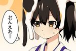  animal animal_on_head bad_id bad_pixiv_id brown_eyes brown_hair cat cat_on_head face kaga_(kantai_collection) kantai_collection mattari_yufi on_head side_ponytail solo translation_request upper_body 
