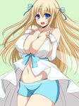  afuro amagi_brilliant_park blonde_hair blue_eyes blush breasts cleavage gigantic_breasts hair_ribbon long_hair looking_at_viewer navel open_mouth ribbon smile solo sylphy_(amaburi) 