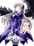  anbe_masahiro dress highres lolita_fashion long_hair pantyhose purple_eyes reaching rozen_maiden silver_hair solo suigintou wings 