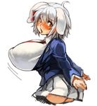  1girl animal_ears blush breasts erect_nipples female huge_breasts puffy_nipples reisen sachito school_uniform silver_hair skirt solo tongue tongue_out touhou 