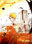  autumn_leaves bird blonde_hair blood blue_eyes character_name crow depressed grave graveyard injury naruto naruto_(series) o-renji sitting solo tree uzumaki_naruto 