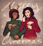  alternate_hair_length alternate_hairstyle asami_sato avatar_(series) black_hair breasts brown_hair christmas cleavage cleavage_cutout commentary couple cup dark_skin eyeshadow fake_antlers iahfy korra laughing lipstick locked_arms long_hair low_ponytail makeup medium_breasts meme_attire merry_christmas multiple_girls open-chest_sweater ribbed_sweater short_hair sweater the_legend_of_korra turtleneck yuri 