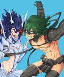  1girl abs belt blindfold blue_background blue_eyes blue_hair clenched_teeth evil_smile femdom green_hair hand_on_another's_chin highres junketsu kill_la_kill matoi_ryuuko multicolored_hair nudist_beach_uniform pectorals sanageyama99 sanageyama_uzu smile spoilers streaked_hair teeth utility_belt 