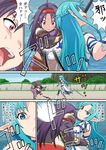  asuna_(sao) asuna_(sao-alo) bare_shoulders blue_eyes blue_hair comic commentary_request frown gachon_jirou long_hair multiple_girls open_mouth pointy_ears punching purple_hair red_eyes sword sword_art_online translation_request weapon yuuki_(sao) 