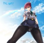  :q armband belt blue_eyes breasts cloud copyright_name covered_nipples cowboy_shot day from_below hand_on_hip highres impossible_clothes large_breasts panties panties_under_pantyhose pantyhose pantyshot pantyshot_(standing) pencil_skirt rail_wars! rainbow red_hair sakurai_aoi short_hair short_sleeves skirt sky solo standing thighband_pantyhose tongue tongue_out underwear uniform wing_(wingxx01w) 