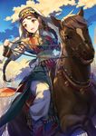  blush braid brown_eyes brown_hair commentary headdress horse horseback_riding jewelry long_hair open_mouth original riding salt_(salty) smile solo traditional_clothes twin_braids very_long_hair 