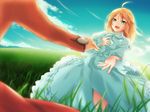  1girl archer artoria_pendragon_(all) blonde_hair bloom day dress fate/stay_night fate_(series) field green_eyes hair_down saber sky tukno 