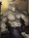  2014 abs anthro biceps book cinna-tree claws clothed clothing detailed_backround eyewear felid fur glasses grey_eyes hair hi_res jeans male mammal muscular muscular_male pantherine pants pecs reading sitting snow_leopard solo topless 