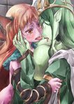  armadel_(p&amp;d) asymmetrical_docking blush breast_press breasts eye_contact fingernails green_hair green_skin head_wings headdress hug huge_breasts long_hair looking_at_another multiple_girls nail_polish pink_skin plant_girl pointy_ears purple_eyes puzzle_&amp;_dragons red_eyes red_hair sharp_fingernails theurgia_(p&amp;d) tongue tongue_out upper_body yohane yuri 