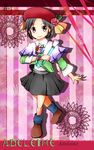  adeleine black_eyes black_hair black_skirt capelet character_name floral_print flower hat hazuki_sui kirby_(series) kirby_64 paintbrush plaid plaid_skirt short_hair skirt smile solo star wristband 