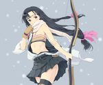  black_eyes black_hair black_skirt bow_(weapon) cowboy_shot gloves hadanugi_dousa hair_ribbon holding holding_bow_(weapon) holding_weapon japanese_clothes kantai_collection long_hair looking_at_viewer low-tied_long_hair off_shoulder partly_fingerless_gloves pink_ribbon pleated_skirt ribbon sarashi scarf scarf_pull shouhou_(kantai_collection) single_bare_shoulder single_glove skirt smile solo thighhighs umayagi weapon white_scarf yugake 