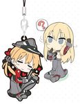  ? anchor_hair_ornament arm_up bismarck_(kantai_collection) blonde_hair blue_eyes cellphone_charm chibi closed_eyes detached_sleeves hair_ornament hat hat_removed headwear_removed heart jpeg_artifacts kantai_collection keychain long_hair multiple_girls peaked_cap peko prinz_eugen_(kantai_collection) sitting spoken_question_mark thighhighs wariza 