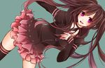  bangs black_legwear blush brown_hair dress dutch_angle frilled_dress frills green_background highres hood hood_down hoodie long_hair long_sleeves looking_at_viewer nanase_eka open_mouth original purple_eyes smile solo standing thighhighs twintails unzipped very_long_hair zipper 