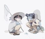  1girl bad_id bad_pixiv_id black_hair blue_hair butterfly_net child double_bun giorno_giovanna grey_eyes hair_ornament hairclip hand_net haruno_shiobana hat jojo_no_kimyou_na_bouken kinouka kuujou_jolyne multicolored_hair sandals shorts sun_hat two-tone_hair younger 