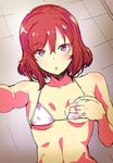  bare_shoulders bikini blush collarbone hand_on_own_chest hareno_chiame jpeg_artifacts looking_at_viewer love_live! love_live!_school_idol_project nishikino_maki outstretched_arms purple_eyes red_hair short_hair sketch solo swimsuit upper_body white_bikini 