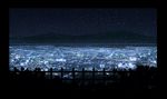  bad_pixiv_id border building city_lights cityscape commentary dark fence horizon kyoto mountain night niko_p no_humans original plant river scenery signature snow snowing 