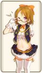  ;) adjusting_eyewear arm_behind_back black-framed_eyewear bow brown_hair choker earrings glasses gloves hair_bow heart jewelry koizumi_hanayo love_live! love_live!_school_idol_project midriff navel no_brand_girls one_eye_closed pachi_(sugiyama0306) purple_eyes ribbon_choker semi-rimless_eyewear smile solo thighhighs under-rim_eyewear white_gloves white_legwear 