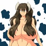  areolae breasts brown_hair cow_horns gigantic_breasts hair_censor hair_over_breasts hataraki_ari horns long_hair looking_at_viewer navel nude original solo sukimi yellow_eyes 