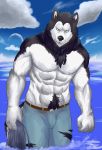  2016 abs anthro belt biceps black_fur black_nose canid canine canis clothed clothing domestic_dog fur grey_eyes holding_(disambiguation) husky jabuhusky jeans male mammal muscular muscular_male pants partially_clothed pecs sky solo standing topless torn_clothing torn_jeans torn_pants water wet white_fur 