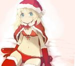  :c blonde_hair blue_eyes blush boots bra capelet christmas elbow_gloves eyebrows_visible_through_hair front-tie_top fur_trim gloves groin hat helma_lennartz highres izuoku long_hair navel panties red_bra red_capelet red_footwear red_gloves red_legwear red_panties red_ribbon ribbon santa_boots santa_costume santa_hat sitting solo thigh_boots thighhighs underwear world_witches_series 