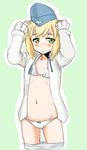  blonde_hair blush body_blush bow bow_panties bra dress_shirt elma_leivonen flat_chest garrison_cap green_background green_eyes hands_on_own_head hat kunashiri_(etorofu) long_sleeves navel open_clothes open_shirt outline panties pantyhose pantyhose_pull shirt short_hair simple_background solo underwear white_panties world_witches_series 