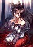  animal_ears bare_shoulders black_hair blood bloody_clothes brooch dress fingers_to_mouth highres imaizumi_kagerou jewelry long_hair red_eyes slit_pupils solo tail touhou uu_uu_zan wolf_ears wolf_tail 