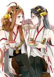  ahoge bad_id bad_pixiv_id bare_shoulders black_hair black_tea blue_eyes brown_hair cake camel000 commentary_request cover cover_page crossed_legs cup detached_sleeves feeding food fork hair_ornament hairclip haruna_(kantai_collection) headgear japanese_clothes kantai_collection kongou_(kantai_collection) long_hair long_sleeves looking_at_another multiple_girls nontraditional_miko open_mouth red_eyes ribbon-trimmed_sleeves ribbon_trim tea teacup thighhighs 