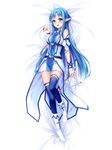  asuna_(sao) asuna_(sao-alo) between_breasts blue_eyes blue_hair breasts dakimakura grandia_bing long_hair lying on_back pointy_ears sword_art_online thighhighs very_long_hair 