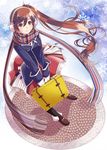  bad_id bad_pixiv_id brown_hair earmuffs original scarf shibanashi_miso side_ponytail skirt snowflakes solo striped striped_scarf suitcase 