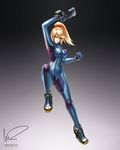  &gt;:( angry blonde_hair blue_eyes bodysuit boots breasts frown gun handgun high_heel_boots high_heels hybridmink jumping looking_at_viewer medium_breasts metroid metroid:_other_m navel pistol ponytail rocket_boots samus_aran scrunchie serious skin_tight solo super_smash_bros. v-shaped_eyebrows weapon zero_suit 