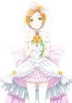  bad_id bad_pixiv_id bare_shoulders bouquet choker dress earrings flower frilled_dress frills hair_flower hair_ornament hoshizora_rin jewelry love_live! love_live!_school_idol_project love_wing_bell mikiiro orange_hair short_hair simple_background smile solo standing strapless strapless_dress thighhighs veil wavy_mouth white_background white_dress white_legwear yellow_eyes 