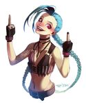  belt blue_hair braid hairline highres jinx_(league_of_legends) league_of_legends lipstick long_hair makeup middle_finger pink_eyes solo tattoo tongue tongue_out twin_braids 