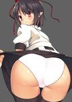  ass assisted_exposure bad_id bad_pixiv_id black_hair black_legwear blush hat hat_ribbon highres kotomuke_fuurin looking_at_viewer looking_back out_of_frame panties pointy_ears puffy_short_sleeves puffy_sleeves red_eyes ribbon shameimaru_aya shirt short_sleeves skirt skirt_lift solo_focus thighhighs tokin_hat touhou underwear upskirt white_panties 