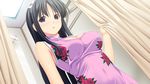  1girl bare_shoulders black_eyes black_hair breasts bust cleavage cleavage_cutout erect_nipples fukami_nagisa game_cg hair_ribbon highres koutaro long_hair ribbon solo standing tropical_kiss tropical_vacation twinkle_(company) twinkle_soft upper_body 