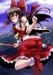  ascot ass bare_shoulders black_hair blush bow breasts butt_crack detached_sleeves gohei hair_bow hair_tubes hakurei_reimu highres large_breasts lilish loafers long_hair looking_at_viewer lowleg_skirt red_eyes shoes sideboob sidelocks solo touhou 