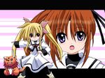  arf blonde_hair blue_eyes blush blush_stickers brown_hair collar dog dress familiar fang fate_testarossa hair_ribbon hand_on_hip long_hair lyrical_nanoha mahou_shoujo_lyrical_nanoha multiple_girls open_mouth outstretched_arm pantyhose pepeta_(sabamiso_kissa) red_eyes ribbon school_uniform seishou_elementary_school_uniform takamachi_nanoha twintails very_long_hair 