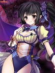  black_eyes black_hair blush breasts cleavage demon_wings flower gloves hair_flower hair_ornament hair_ribbon hoshino_erina joumu large_breasts leotard long_hair looking_at_viewer pointy_ears psychic_hearts ribbon showgirl_skirt side_ponytail smile solo wings 