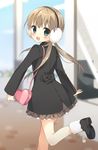  :d bag blurry blush brown_hair depth_of_field earmuffs from_behind green_eyes handbag leg_up long_hair looking_at_viewer looking_back low_twintails masuishi_kinoto open_mouth original skirt smile solo twintails 