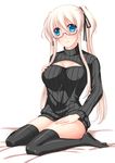  blue_eyes blush breasts cleavage cleavage_cutout glasses highres large_breasts long_hair mabinogi meme_attire nao_(mabinogi) open-chest_sweater ribbed_sweater smile solo sweater thighhighs turtleneck twintails umitsubame white_hair 