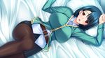  arms_up bed belt blue_hair blush breasts earrings game_cg highres huge_breasts hypnosis jewelry legs lying mind_control open_mouth pantyhose pillow red_eyes saiminbo short_hair skirt solo sumeragi_yuusuke thighs 