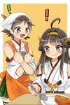  2girls :t bandana bare_shoulders blue_eyes blush brown_eyes brown_hair commentary_request curry detached_sleeves eating food headgear hiei_(kantai_collection) kantai_collection kongou_(kantai_collection) long_hair multiple_girls nontraditional_miko ochazuke open_mouth rice short_hair skirt spoon tray 